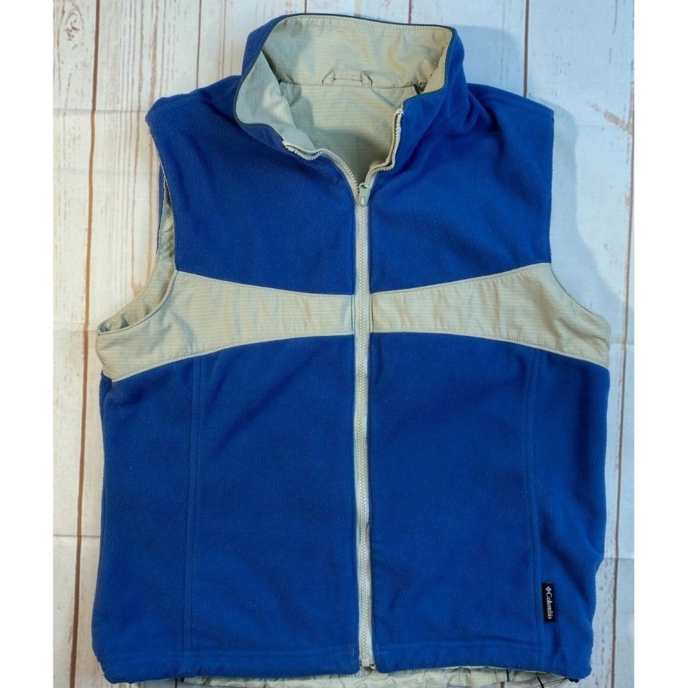 Columbia Womens Blue Beige Reversible Vest Zip Hiking Climbing Camping Sz Large